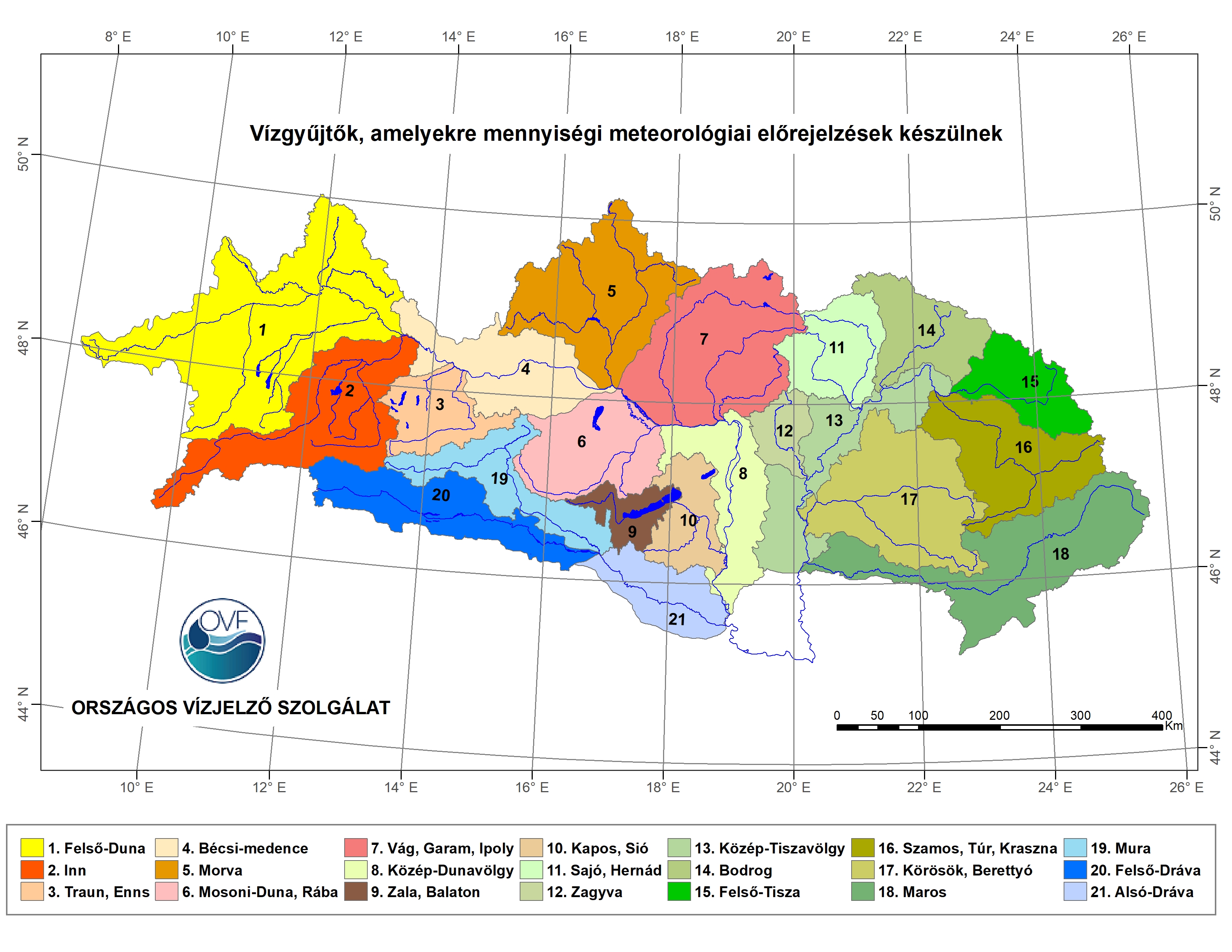 Duna vízgyűjtőjének folyókra bontott térképe